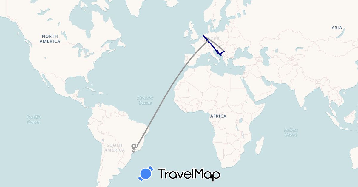 TravelMap itinerary: driving, plane in Bosnia and Herzegovina, Brazil, Germany, Croatia, Netherlands, Serbia (Europe, South America)